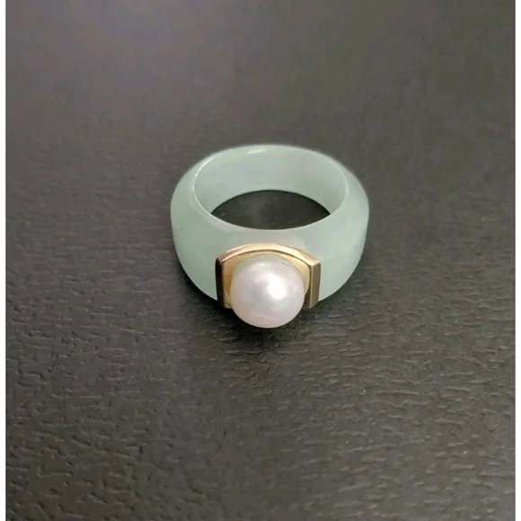 Natural Green Jade Pearl 14k Solid Yellow Gold Accent Ring Size 6 Brand New - Picture 8 of 8